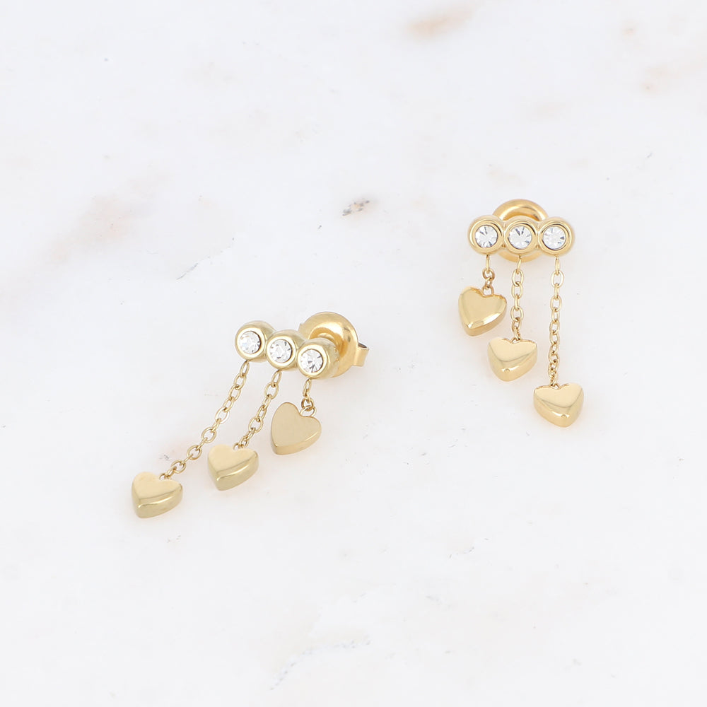 BOUCLES D'OREILLES Dame 3 chaines coeurs + strass IKITA