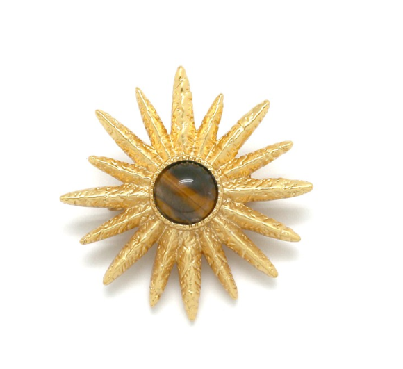 BROCHE Femme  SOLEIL OEIL DE TIGRE LAITON DORE