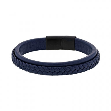 BRACELET homme EN CUIR BLEU DOUBLE TRESSE FERMOIR ACIER