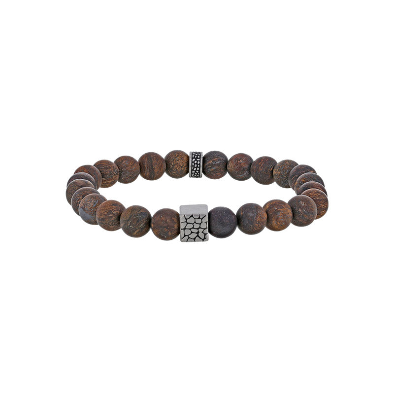 BRACELET homme ELASTIQUE BOULES PIERRES DE BRONZITE MOTIF ACIER