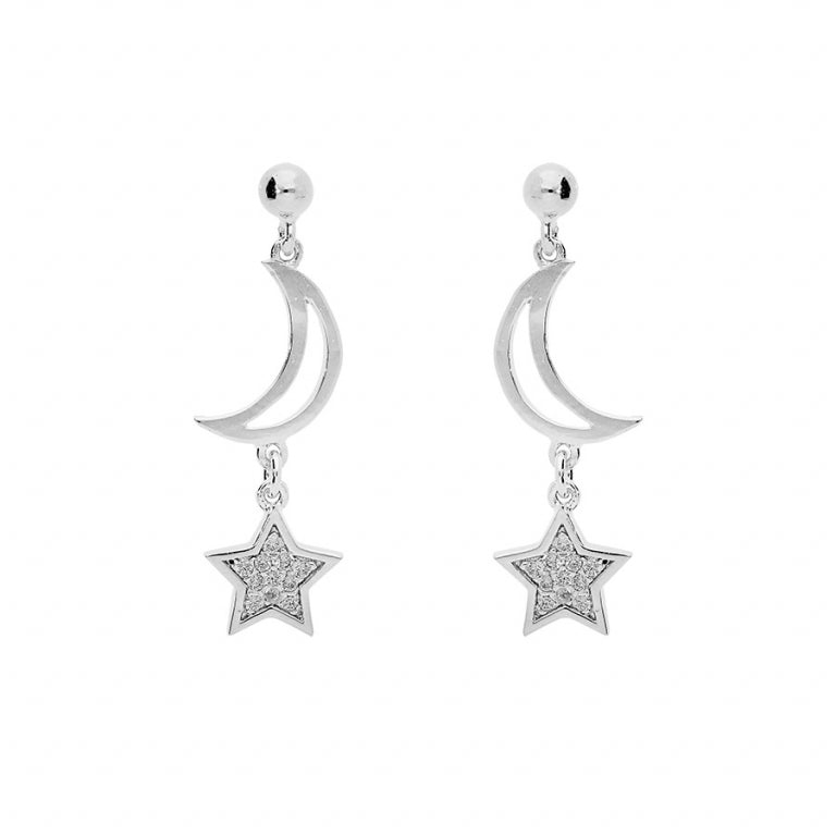 BOUCLES D'OREILLES ARGENT LUNES ET ETOILES OXYDES BLANCS SERTIS