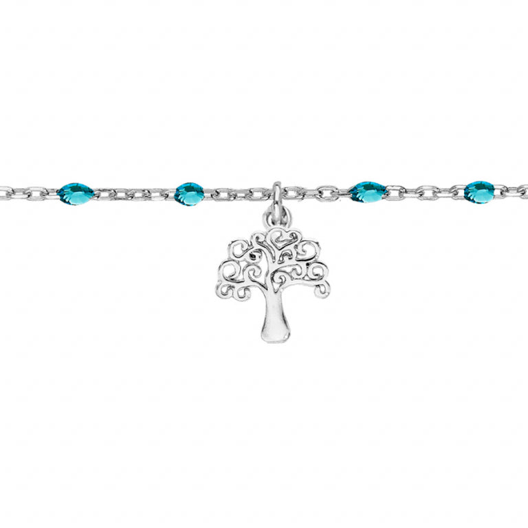 CHAINE CHEVILLE femme ARGENT RHODIE OLIVES RESINE BLEU TRANPARENT ET ARBRE DE VIE