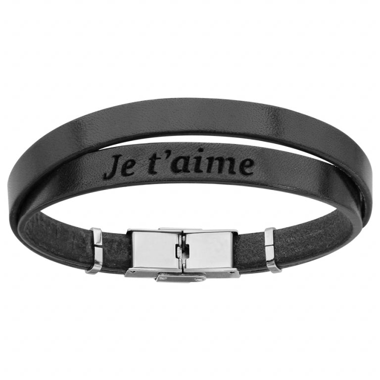 BRACELET CUIR NOIR DOUBLE MODELE MESSAGE CACHE