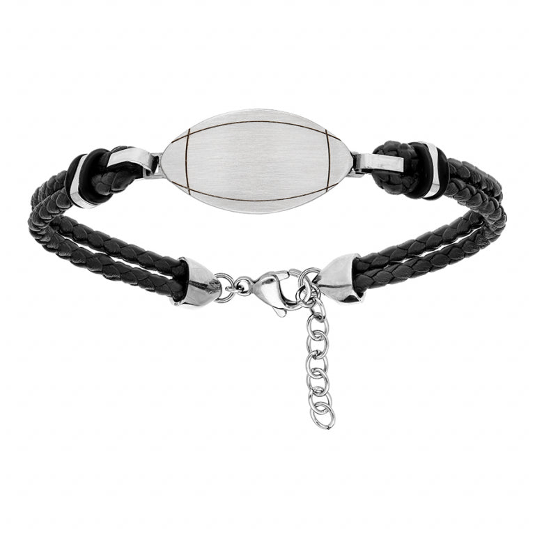 BRACELET ACIER ET CUIR JUNIOR DOUBLE RANG NOIR BALLON DE RUGBY