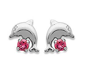 BOUCLES D OREILLE ARGENT RHODIE DAUPHIN CRISTAL ROSE