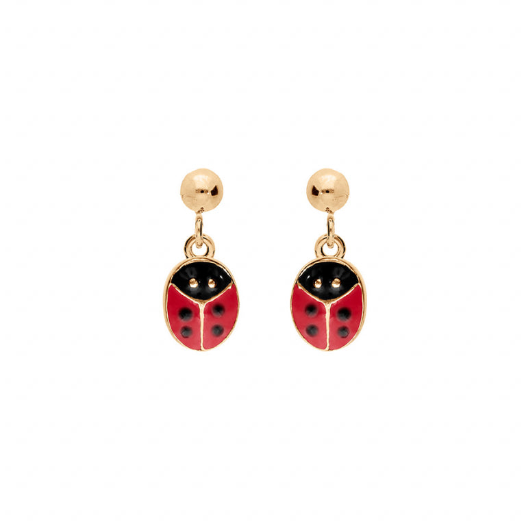 BOUCLES D'OREILLES TIGE PLAQUÉ OR PENDANTE COCCINELLE ROUGE