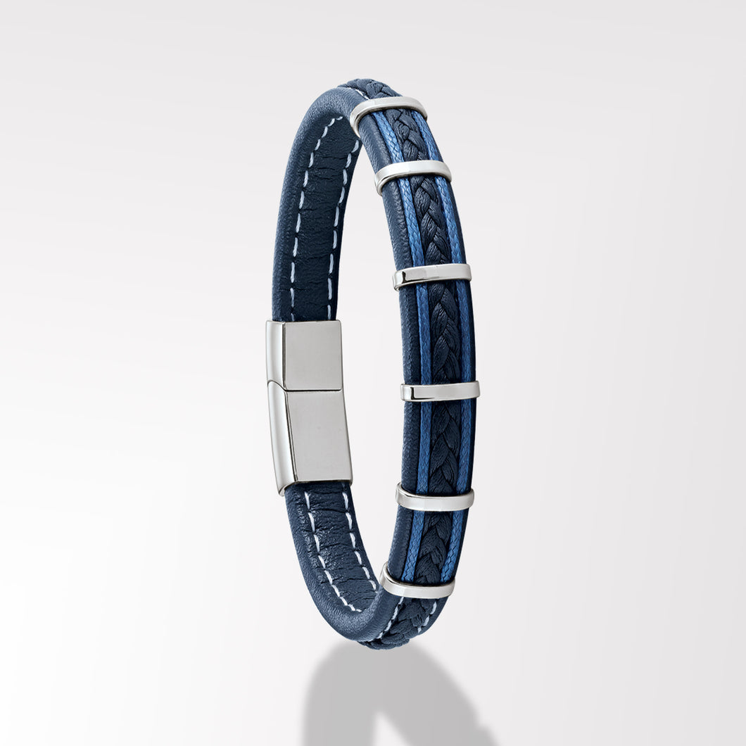 BRACELET HOMME JOURDAN ACIER ET CUIR BLEU